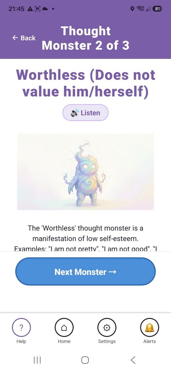 BvTer app: thought monster character screen